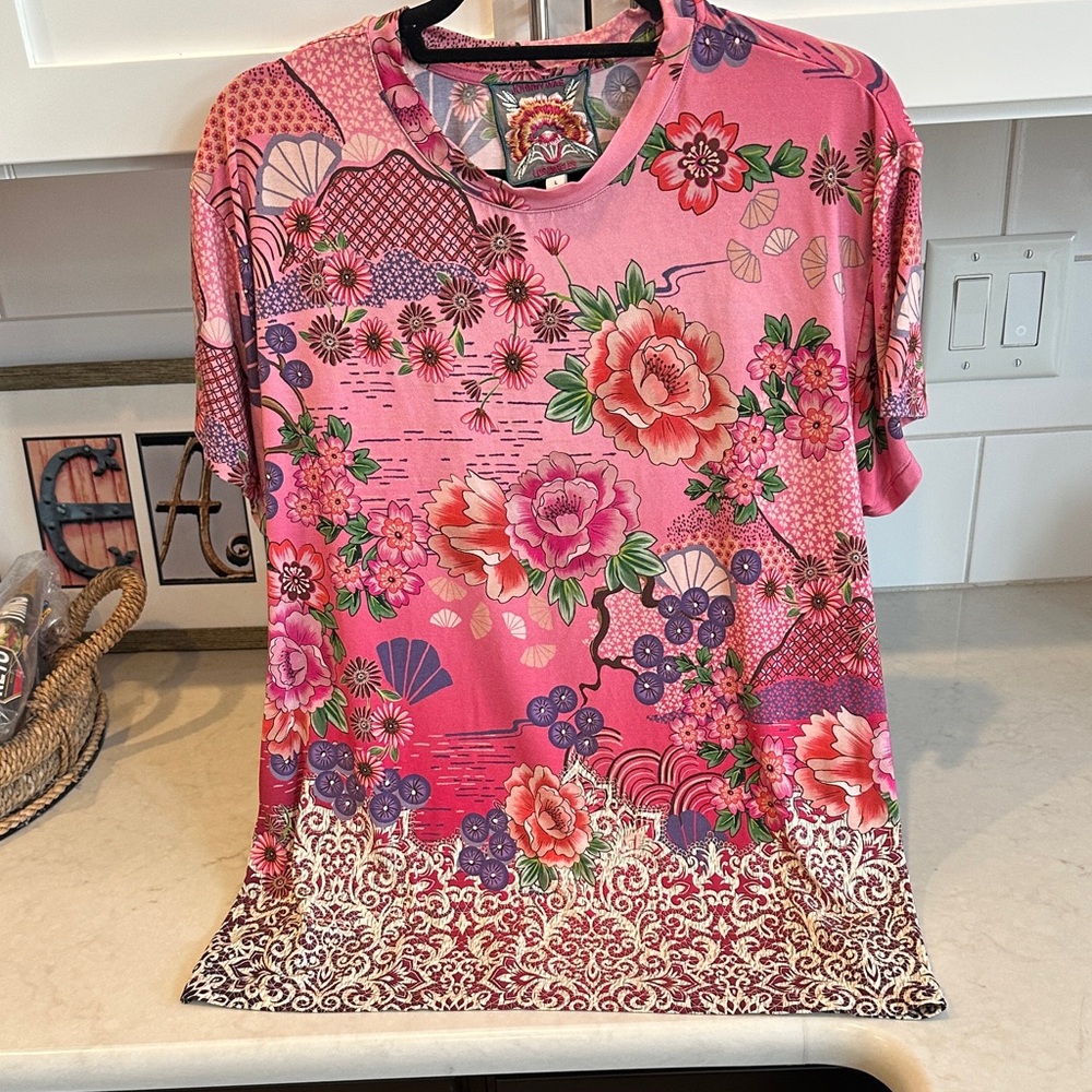 Johnny Was Vibrant Pink Floral Short Sleeve Top